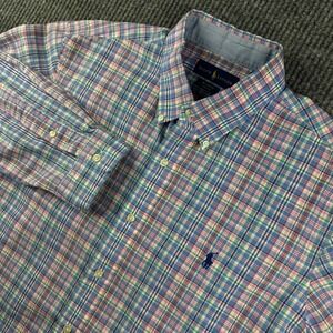 Ralph Lauren Mens Large Plaid Button Down Shirt Cotton Stretch Blue Pink Green